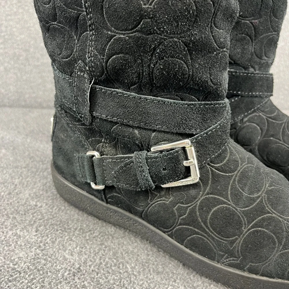 Coach Black Suede Monogram Tall‎ Boots Buckle Detail Women's US 8 B EU 38.5